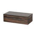 Small rectangular ebony veneer box with a fitted lid, featuring bold black and dark brown striped wood grain and a clean, minimalist silhouette.