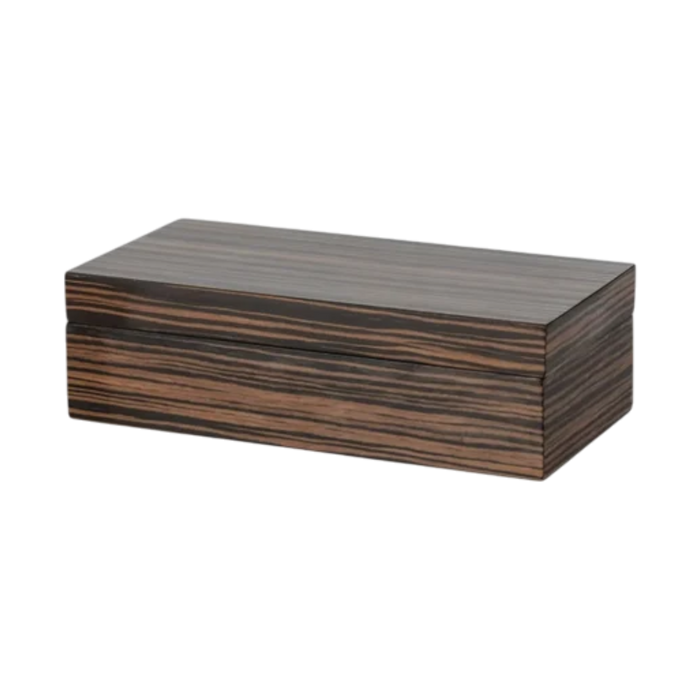 Small rectangular ebony veneer box with a fitted lid, featuring bold black and dark brown striped wood grain and a clean, minimalist silhouette.