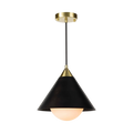 Hilton Pendant Black with conical black shade, natural brass accents and glowing milk glass globe.