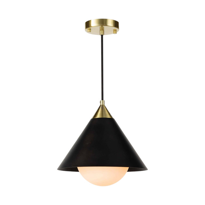 Hilton Pendant Black with conical black shade, natural brass accents and glowing milk glass globe.