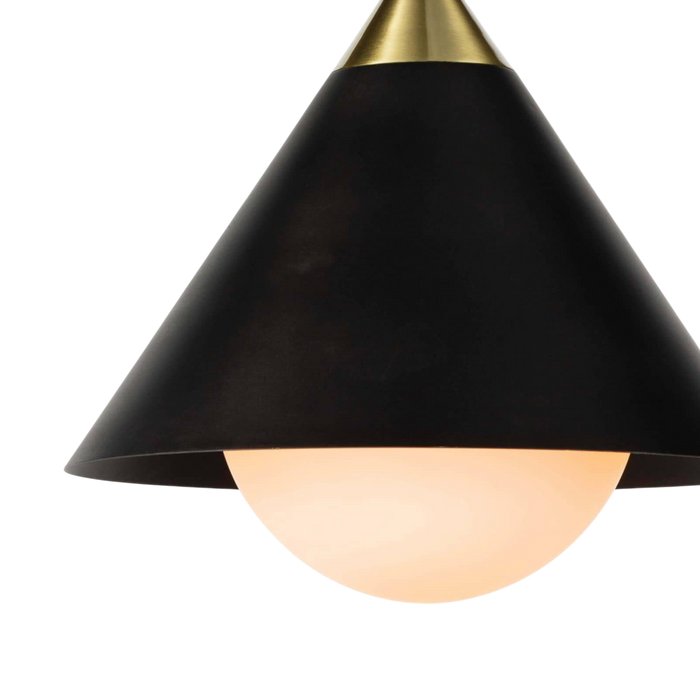 Detail of Hilton Pendant Black with milk glass globe extending beneath the wide black metal shade.