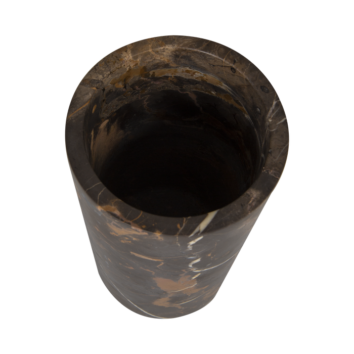 The Honed Marble Vase in black and gold marble vase strikes a moody yet dramatic statement.
