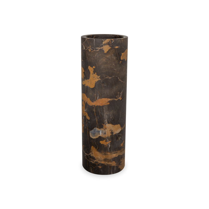 The Honed Marble Vase in black and gold marble vase strikes a moody yet dramatic statement.