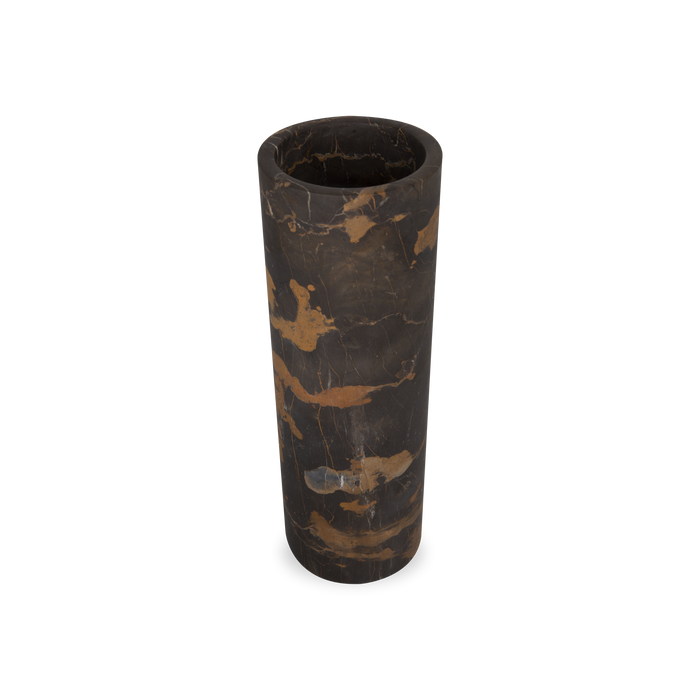 The Honed Marble Vase in black and gold marble vase strikes a moody yet dramatic statement.