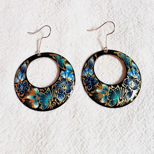 "Laca" Hoop Earrings - Black with Blue Flowers