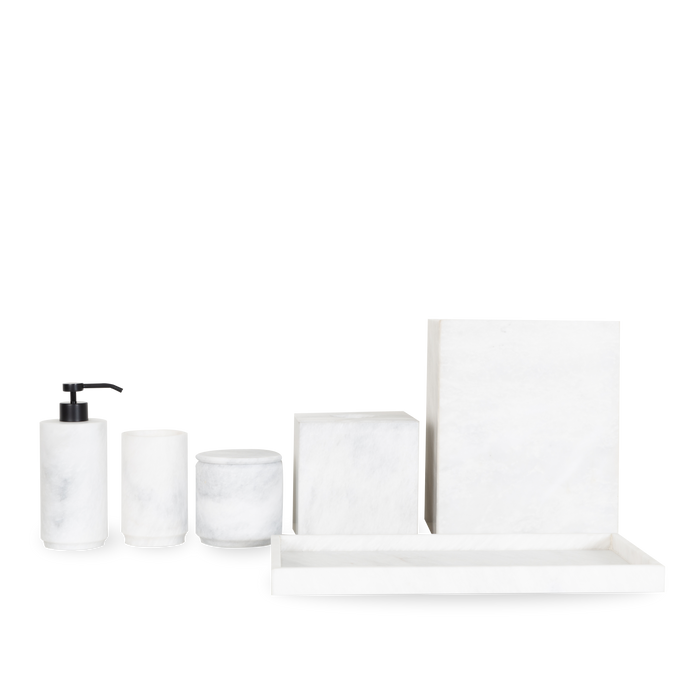 A gorgeous white marble collection of bathroom essentials with a minimalist design.