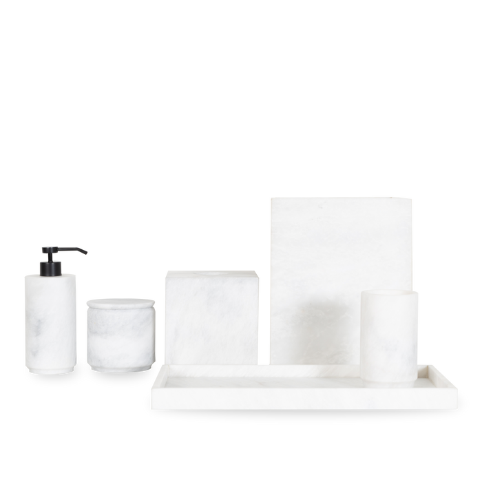 A gorgeous white marble collection of bathroom essentials with a minimalist design.