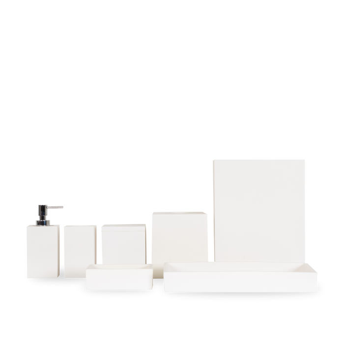 Clean lines and a minimal aesthetic define this bath collection.